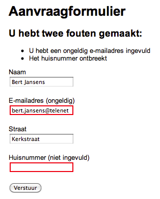 Schermafbeelding van een formulier met validatieboodschappen